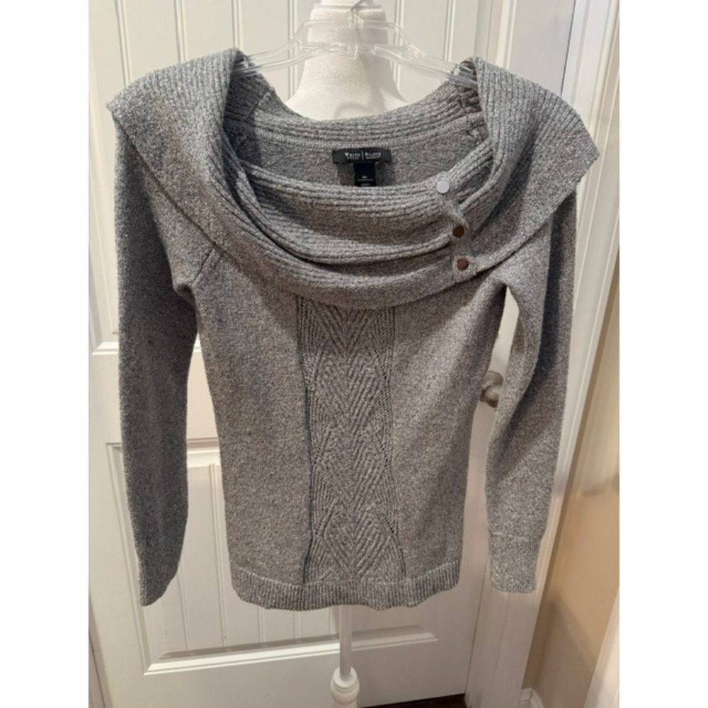 White House Black Market Gray Metallic Cowl Neck Button Cable Knit Sweater Sz XS